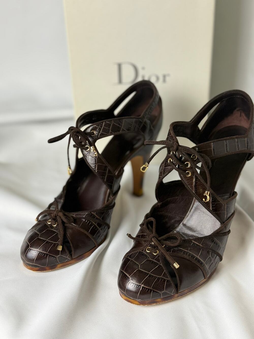 Christian Dior Fall 2005 Dior Deco Croc Embossed Lace-Up Heels EU 40
